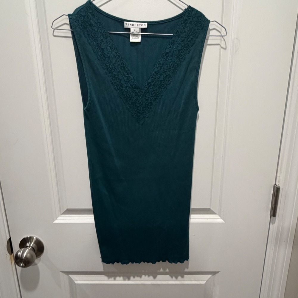 Pendleton Womens Ribbed Tank Top Lace Trim Silk Cotton Blend Teal Large